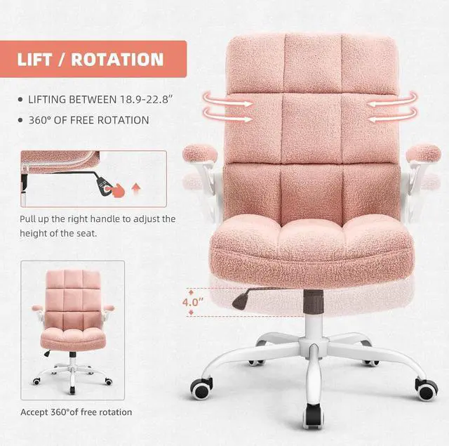 Alt view image 6 of 7 - SEATZONE Pink Office Chair Home Office Desk Chairs with Flip-up Armrest, Rolling Desk Chair with Wheels, Faux Fur Computer Chairs Adjustable Backward Tilt, Welcome to consult