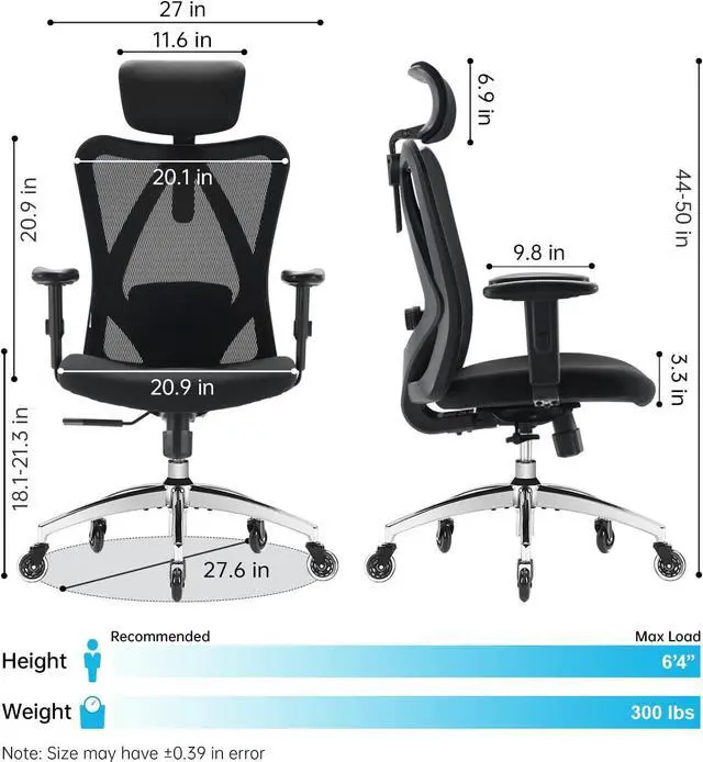 Alt view image 3 of 7 - XUER Ergonomic Office Chair, Mesh Computer Desk Chair with Adjustable Sponge Lumbar Support, Thick Cushion, PU Armrest and Headrest, High Back Swivel Home Office Task Chair for Work (Black)