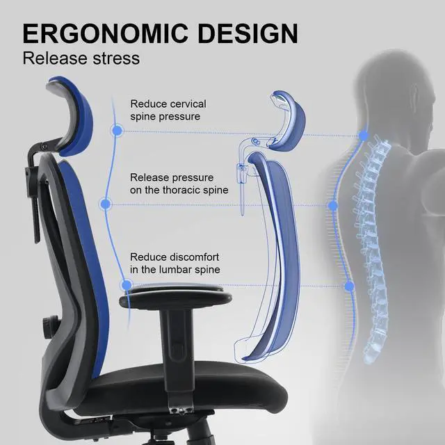 Alt view image 4 of 7 - XUER Ergonomic Office Chair, Mesh Computer Desk Chair with Adjustable Sponge Lumbar Support, Thick Cushion, PU Armrest and Headrest, High Back Swivel Home Office Task Chair for Work (Black)