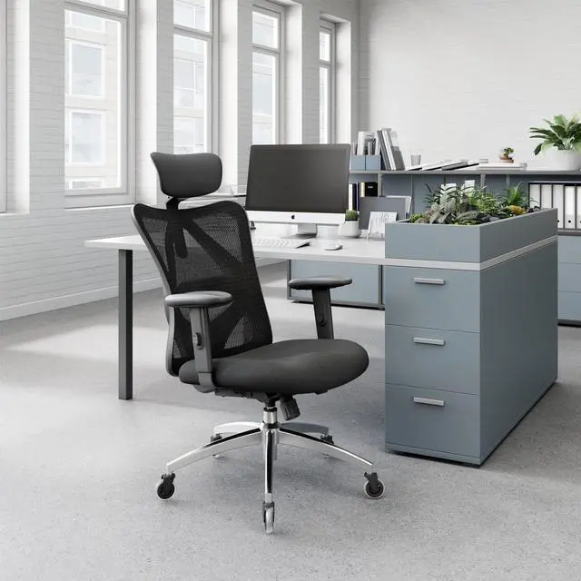 Alt view image 2 of 7 - XUER Ergonomic Office Chair, Mesh Computer Desk Chair with Adjustable Sponge Lumbar Support, Thick Cushion, PU Armrest and Headrest, High Back Swivel Home Office Task Chair for Work (Black)