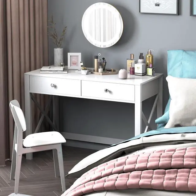 Alt view image 7 of 7 - WiberWi Home Office Desk with Drawers White Modern Writing Computer Desk, Small Makeup Vanity Table Desk for Bedroom, Study Table for Home Office