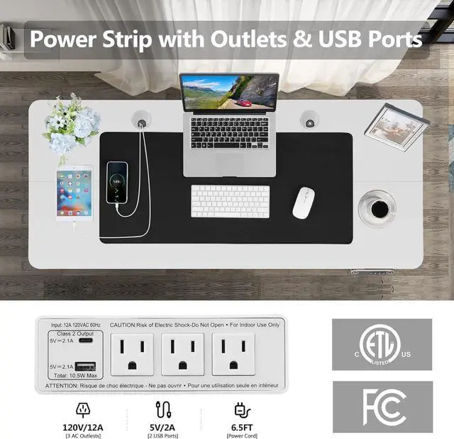 Alt view image 3 of 7 - KORGOL Electric Standing Desk 48 x 24 Inches Adjustable Height Sit Stand Up Desk for Home Office Computer Desk with 2 USB Ports 3 AC Power Outlets Memory Preset, Headphone Hook (White)