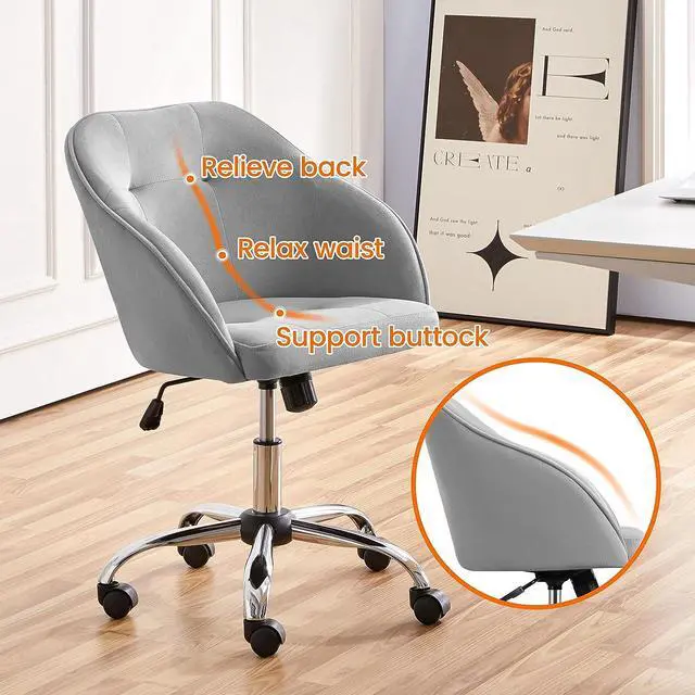 Alt view image 7 of 7 - Yaheetech Velvet Vanity Chair with Wheels, Tufted Makeup Seat, Light Gray