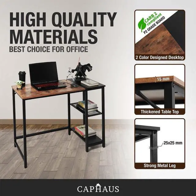 Alt view image 6 of 7 - CAPHAUS 40 Inch Computer Desk with 2-Tier Storage Shelves, for Home Office & Gaming, Small Spaces Desk for Bedroom/Office, Easy Assemble P2 Board & Steel Legs, Rustic Oak & Black (220 lbs Load)