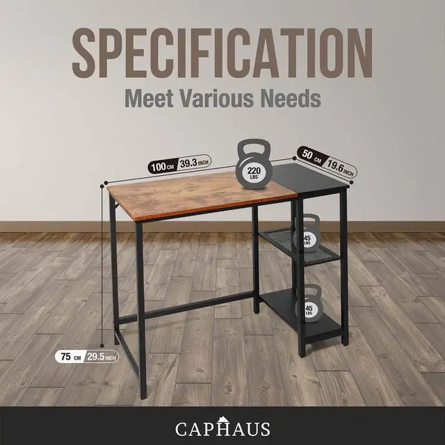 Alt view image 5 of 7 - CAPHAUS 40 Inch Computer Desk with 2-Tier Storage Shelves, for Home Office & Gaming, Small Spaces Desk for Bedroom/Office, Easy Assemble P2 Board & Steel Legs, Rustic Oak & Black (220 lbs Load)