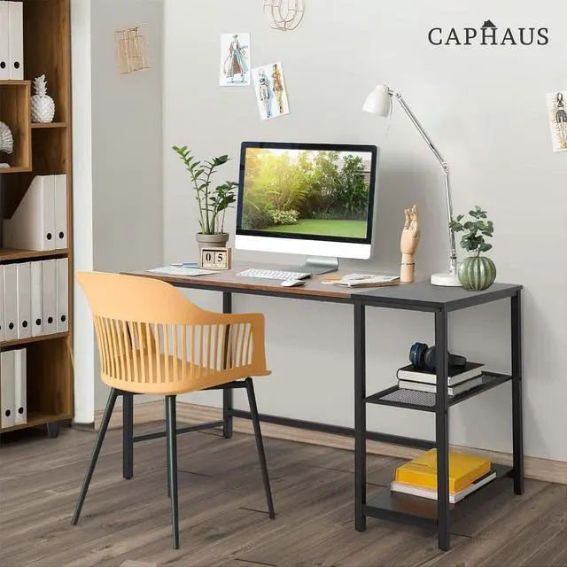 Alt view image 7 of 7 - CAPHAUS Computer Desk, 47 Inch Home Office Desk, Study Writing Desk with 2-Tier Storage Shelves, Simple Industrial Modern Laptop Workstation with Splice P2 Grade Wooden Board, Rustic Oak and Black