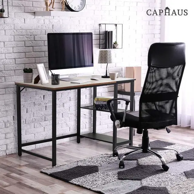 Alt view image 2 of 7 - CAPHAUS Computer Desk, 47 Inch Home Office Desk, Study Writing Desk with 2-Tier Storage Shelves, Simple Industrial Modern Laptop Workstation with Splice P2 Grade Wooden Board, Rustic Oak and Black