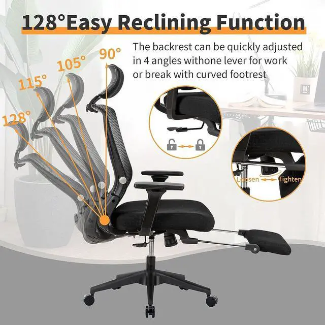Alt view image 4 of 6 - Foldable Ergonomic Office Chair, High Back Desk Chair with Footrest, Headrest, Breathable Mesh, Adjustable Lumbar Support, Adjustable Armrest, Sponge Seat, Swivel Task Chair, Black