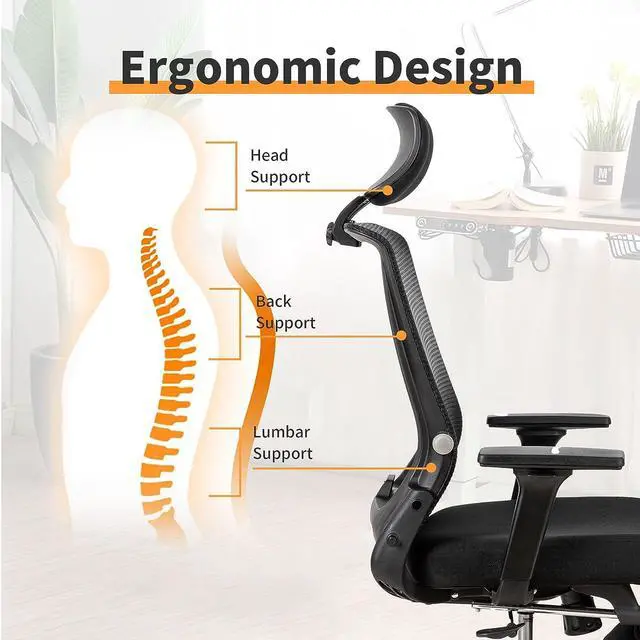 Alt view image 5 of 6 - Foldable Ergonomic Office Chair, High Back Desk Chair with Footrest, Headrest, Breathable Mesh, Adjustable Lumbar Support, Adjustable Armrest, Sponge Seat, Swivel Task Chair, Black
