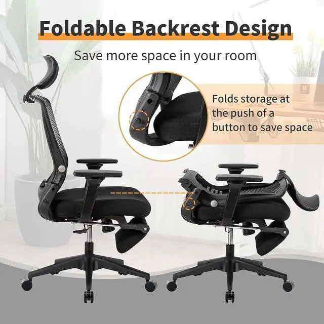 Alt view image 3 of 6 - Foldable Ergonomic Office Chair, High Back Desk Chair with Footrest, Headrest, Breathable Mesh, Adjustable Lumbar Support, Adjustable Armrest, Sponge Seat, Swivel Task Chair, Black