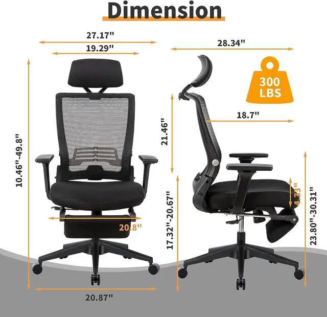Alt view image 2 of 6 - Foldable Ergonomic Office Chair, High Back Desk Chair with Footrest, Headrest, Breathable Mesh, Adjustable Lumbar Support, Adjustable Armrest, Sponge Seat, Swivel Task Chair, Black