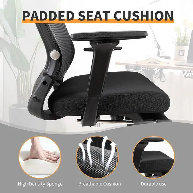 Alt view image 6 of 6 - Foldable Ergonomic Office Chair, High Back Desk Chair with Footrest, Headrest, Breathable Mesh, Adjustable Lumbar Support, Adjustable Armrest, Sponge Seat, Swivel Task Chair, Black