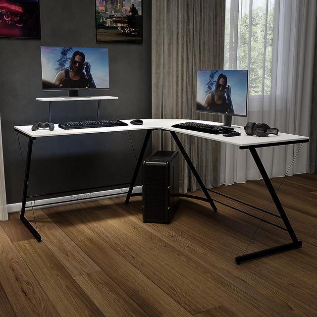 Alt view image 2 of 7 - Flash Furniture Ginny Corner Desk - White/Black Space Saving L-Shaped Gaming Desk with Monitor Shelf - 71.5" 2-Tier Computer Desk, Home Office Desk, Easy Assembly