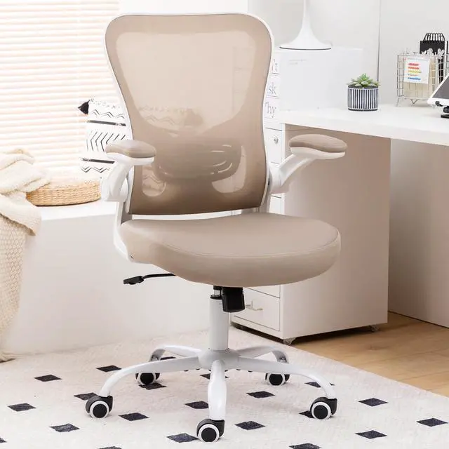 Main image of Office Chair Ergonomic Desk Chair - PU Leather Thick Cushion Adjustable Height Computer Chair with Lumbar Support and Flip-up Armrests, Home Office Desk Chairs, Swivel Executive Task Chair, Khaki