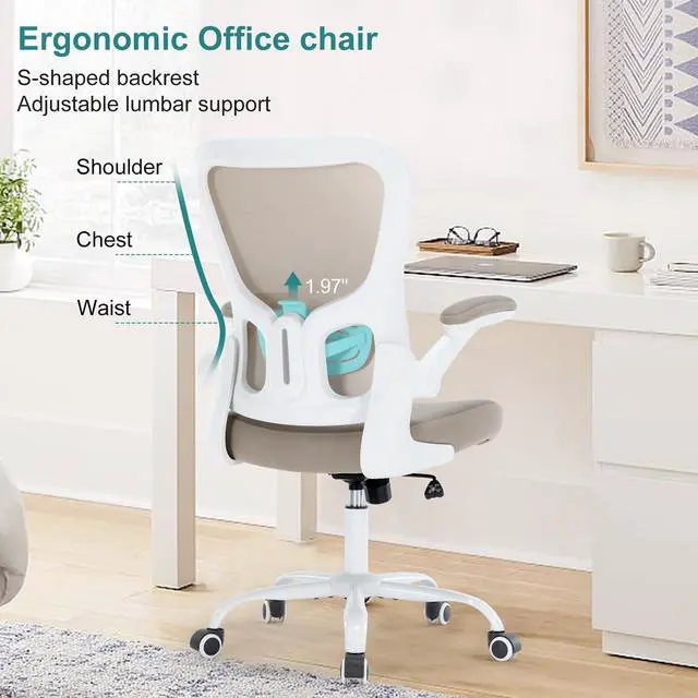 Alt view image 2 of 7 - Office Chair Ergonomic Desk Chair - PU Leather Thick Cushion Adjustable Height Computer Chair with Lumbar Support and Flip-up Armrests, Home Office Desk Chairs, Swivel Executive Task Chair, Khaki