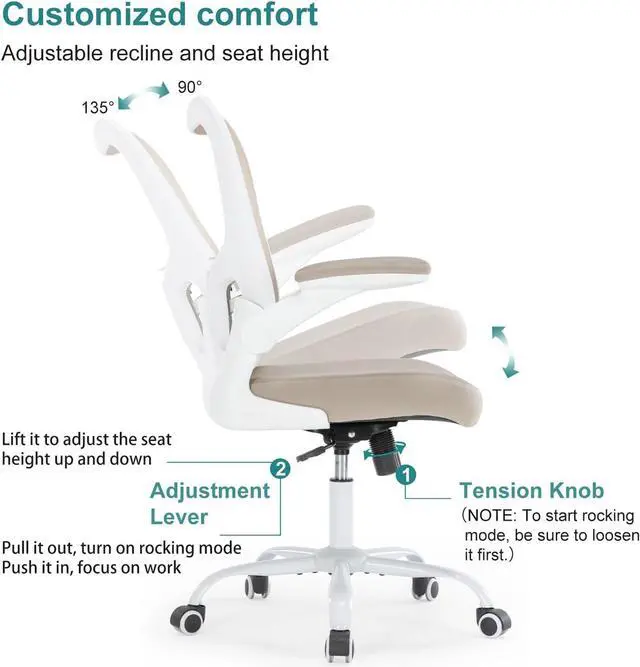 Alt view image 4 of 7 - Office Chair Ergonomic Desk Chair - PU Leather Thick Cushion Adjustable Height Computer Chair with Lumbar Support and Flip-up Armrests, Home Office Desk Chairs, Swivel Executive Task Chair, Khaki