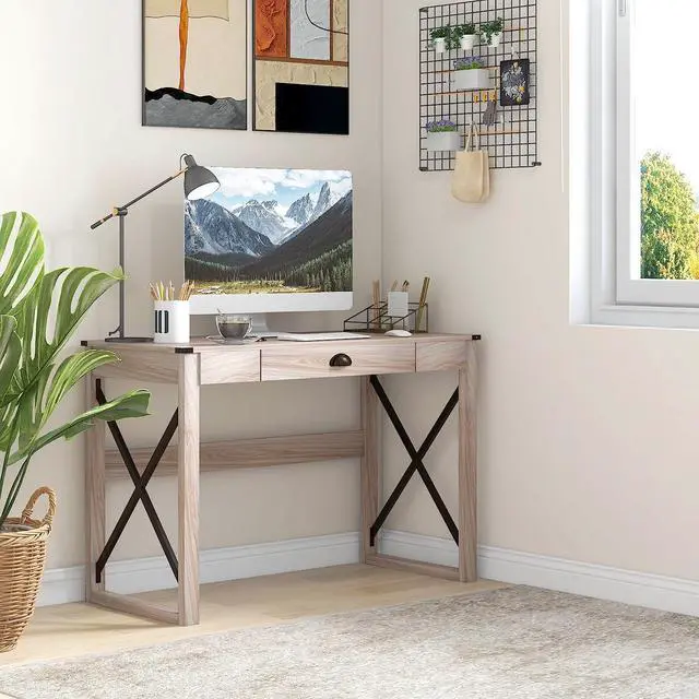 Alt view image 2 of 7 - HOMCOM 44 inch Home Office Computer Desk, Rustic Writing Desk, Farmhouse Workstation with Storage Drawer, X-Frame