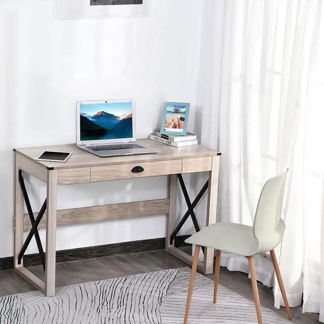 Alt view image 6 of 7 - HOMCOM 44 inch Home Office Computer Desk, Rustic Writing Desk, Farmhouse Workstation with Storage Drawer, X-Frame