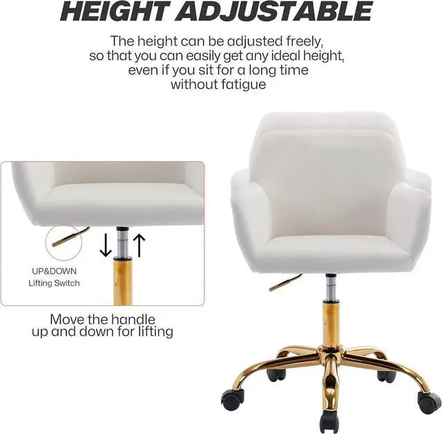 Alt view image 4 of 7 - KCC Velvet Makeup Vanity Chair,Home Office Desk Chair with Wheels, White | Fluffy Swivel Modern Armchair Upholstered Fuzzy Height Adjustable for Teens Women Girls Elegant for Living Room Bedroom