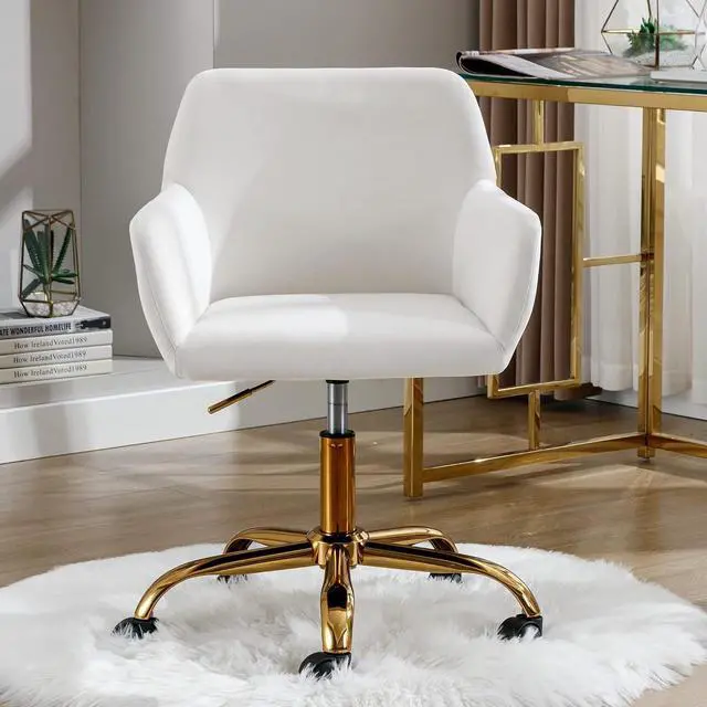 Alt view image 2 of 7 - KCC Velvet Makeup Vanity Chair,Home Office Desk Chair with Wheels, White | Fluffy Swivel Modern Armchair Upholstered Fuzzy Height Adjustable for Teens Women Girls Elegant for Living Room Bedroom