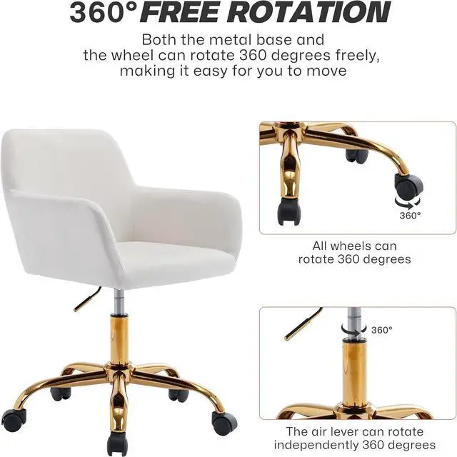 Alt view image 5 of 7 - KCC Velvet Makeup Vanity Chair,Home Office Desk Chair with Wheels, White | Fluffy Swivel Modern Armchair Upholstered Fuzzy Height Adjustable for Teens Women Girls Elegant for Living Room Bedroom