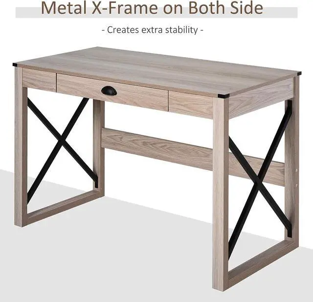 Alt view image 4 of 7 - HOMCOM 44 inch Home Office Computer Desk, Rustic Writing Desk, Farmhouse Workstation with Storage Drawer, X-Frame