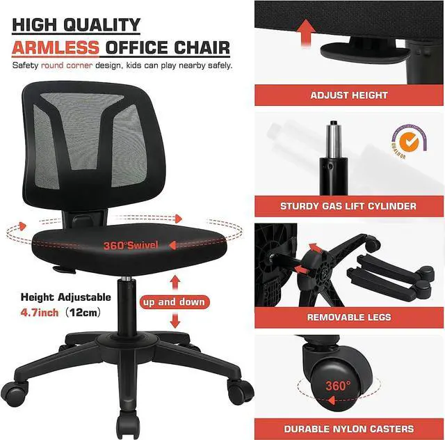 Alt view image 4 of 7 - VigorPow Armless Mesh Office Chair Ergonomic Swivel Black Small Computer Desk Chair No Arms with Lumbar Support Height Adjustable Task Chair for Adults and Kids, Welcome to consult