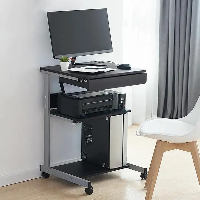 Alt view image 2 of 6 - Yaheetech Mobile Computer Desk Cart, Small Rolling Laptop Desk PC Table Workstation with Drawer and Printer Shelf, Writing Desk Table for Small Space/Home Office