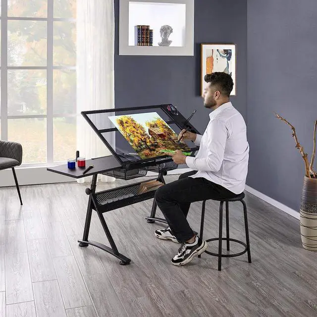 Alt view image 2 of 7 - Yaheetech Drafting Table w/Stool Height Adjustable Multifunctional Art Craft Artists Desk Tilting Glass Tabletop Diamond Paintings Work Station w/2 Storage Drawers for Home Office