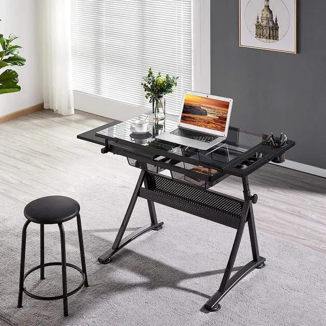 Alt view image 5 of 7 - Yaheetech Drafting Table w/Stool Height Adjustable Multifunctional Art Craft Artists Desk Tilting Glass Tabletop Diamond Paintings Work Station w/2 Storage Drawers for Home Office