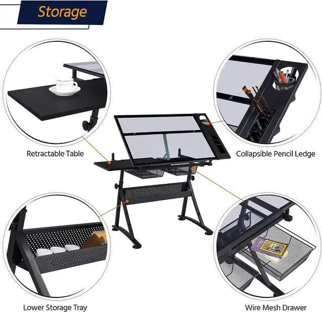 Alt view image 6 of 7 - Yaheetech Drafting Table w/Stool Height Adjustable Multifunctional Art Craft Artists Desk Tilting Glass Tabletop Diamond Paintings Work Station w/2 Storage Drawers for Home Office