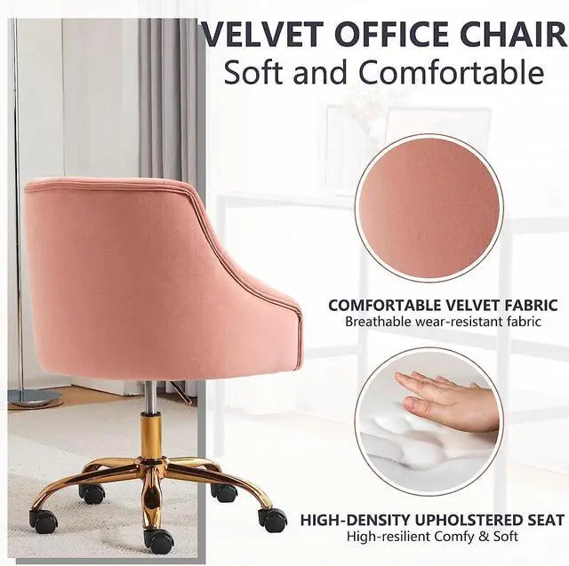 Alt view image 4 of 7 - MOJAY Velvet Office Swivel Chair, Vanity Fabric Desk Pretty Fancy Gold Office Chairs for Girls, 360°Swivel Height Adjustable Reception Chair (Pink)