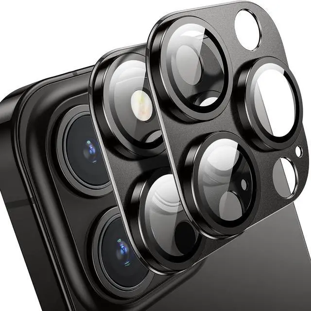 Main image of Camera Lens Protector for iPhone 14 Pro/iPhone 14 Pro Max, Alloy Metal Camera Cover with Tempered Glass Screen Protector Accessories,Black 2 Pack