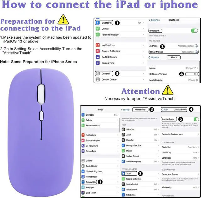 Alt view image 2 of 4 - 2.4GHz & Bluetooth Mouse, Rechargeable Wireless Mouse for Samsung Galaxy Tab S8+ S8 S7+ S7 FE S6 S5e Bluetooth Wireless Mouse for Laptop / PC / Mac / iPad pro / Computer / Tablet / Android - Purple
