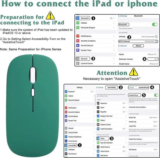 Alt view image 2 of 4 - Bluetooth Rechargeable Mouse for Dell Inspiron 15 3000 3505 Laptop Bluetooth Wireless Mouse Designed for Laptop / PC / Mac / iPad pro / Computer / Tablet / Android - Green