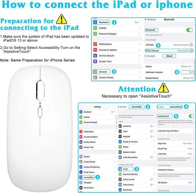 Alt view image 2 of 7 - Bluetooth Rechargeable Mouse for Dell Inspiron 15 3000 3505 Laptop Bluetooth Wireless Mouse Designed for Laptop / PC / Mac / iPad pro / Computer / Tablet / Android -  White