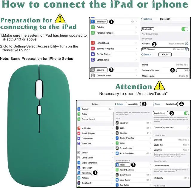 Alt view image 2 of 4 - 2.4GHz & Bluetooth Mouse, Rechargeable Wireless Mouse for vivo Y70t Bluetooth Wireless Mouse for Laptop / PC / Mac / Computer / Tablet / Android - Jade Green