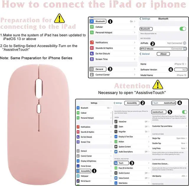 Alt view image 2 of 4 - UrbanX 2.4GHz & Bluetooth Mouse, Rechargeable Wireless Mouse for Samsung Galaxy Tab S8+ Bluetooth Wireless Mouse for Laptop / PC / Mac / Computer / Tablet / Android - Flamingo Pink