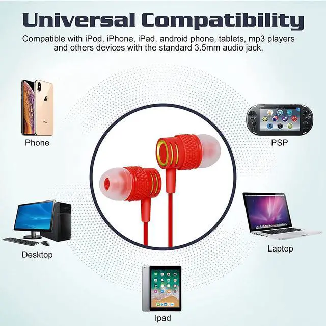 Alt view image 5 of 7 - UrbanX R2 Wired in-Ear Headphones with Mic for Xiaomi Mi A3 with Tangle-Free Cord, Noise Isolating Earphones, Deep Bass, in-Ear Bud Silicone Tips - Red