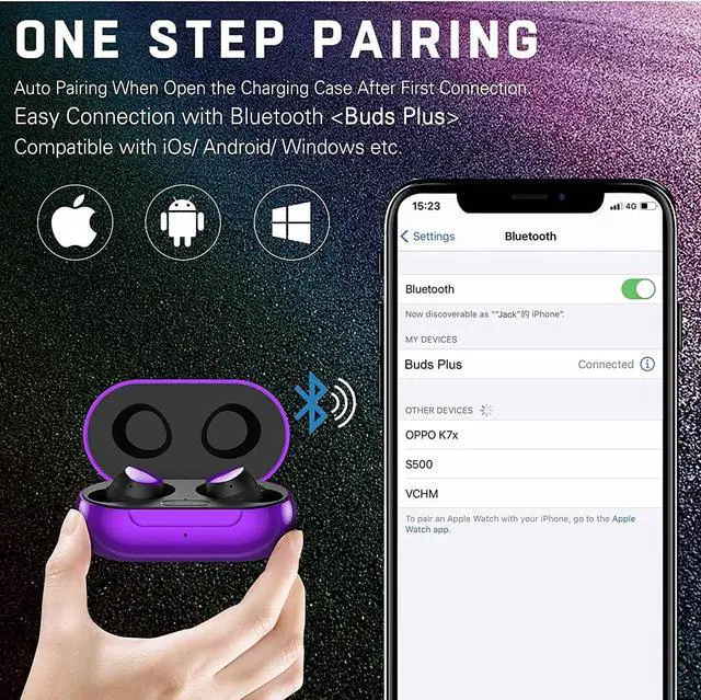 Alt view image 4 of 7 - Urbanx Street Buds Plus True Bluetooth Earbud Headphones for Samsung Galaxy S5 - Wireless Earbuds w/Noise Isolation - Purple (US Version with Warranty)