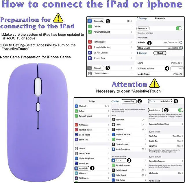 Alt view image 3 of 4 - UrbanX 2.4GHz & Bluetooth Mouse, Rechargeable Wireless Mouse for Samsung Galaxy Tab A8 10.5 (2021) Bluetooth Wireless Mouse for Laptop/PC/Mac/iPad pro/Computer/Tablet/Android Violet Purple