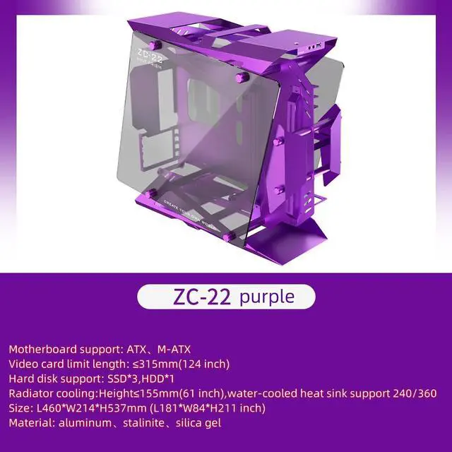 Alt view image 2 of 7 - Zeaginal ZC-22 Purple ATX Mid Tower Computer Case,Support 360mm Radiator Support ATX Motherboard USB3.0 Version Aluminum PC Case with 120mm*3 Black RGB Fans ZC-22 (Purple)