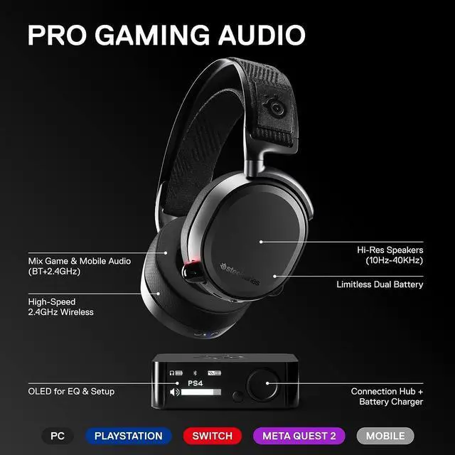 Alt view image 3 of 6 - SteelSeries Arctis Pro Wireless Gaming Headset - Lossless High Fidelity Wireless + Bluetooth for PS5/PS4 and PC - Black
