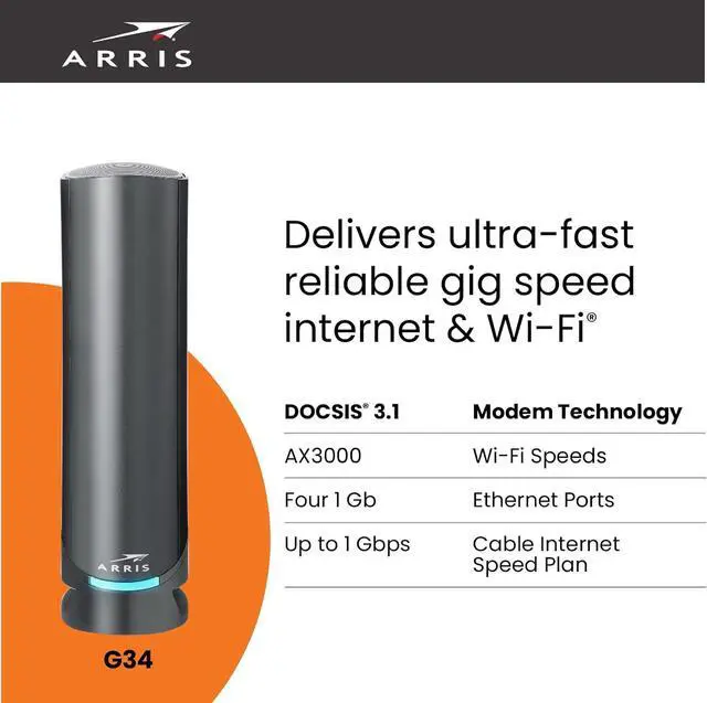 Alt view image 4 of 6 - ARRIS Surfboard G34 DOCSIS 3.1 Gigabit Cable Modem & Wi-Fi 6 Router (AX3000) , Approved for Comcast Xfinity, Cox, Spectrum & More , Four 1 Gbps Ports , 1 Gbps Max Internet Speeds
