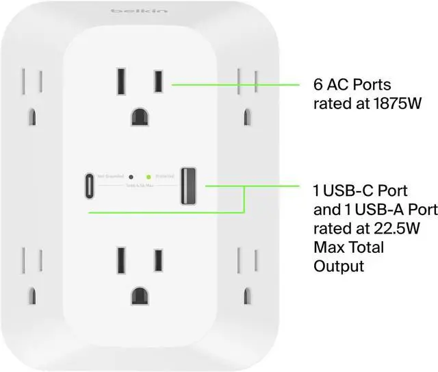 Alt view image 2 of 6 - Belkin 6-Outlet Surge Protector Power Strip, Wall-Mountable with 6 AC Outlets, Overvoltage Protection, LED Indicator - USB-C Port & USB-A Port w/USB-C PD Fast Charging - 1680 Joules of Protection