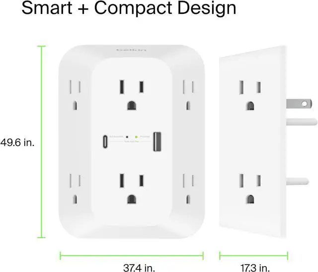 Alt view image 6 of 6 - Belkin 6-Outlet Surge Protector Power Strip, Wall-Mountable with 6 AC Outlets, Overvoltage Protection, LED Indicator - USB-C Port & USB-A Port w/USB-C PD Fast Charging - 1680 Joules of Protection