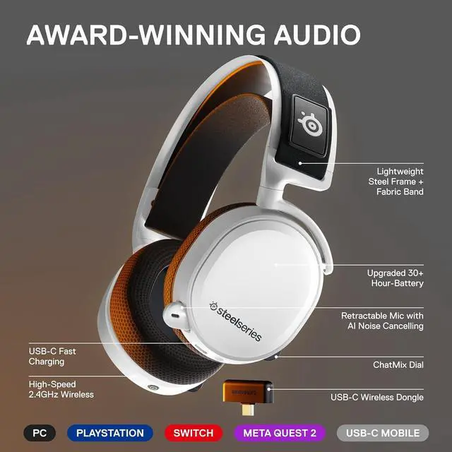 Alt view image 3 of 7 - SteelSeries Arctis 7+ Wireless Gaming Headset  Lossless 2.4 GHz  30 Hour Battery Life  USB-C  7.1 Surround  For PC, PS5, PS4, Mac, Android and Switch  White