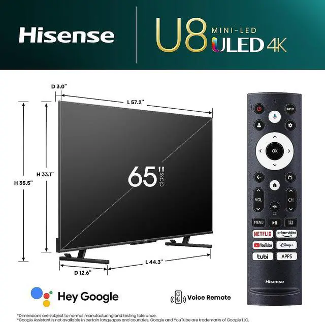 Alt view image 3 of 7 - Hisense 65-Inch Class U8 Series Mini-LED ULED 4K UHD Google Smart TV (65U8K, 2023 Model) - QLED, Native 144Hz, 1500-Nit, Dolby Vision IQ, Full Array Local Dimming, Game Mode Pro, Alexa Compatibility