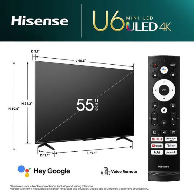 Alt view image 2 of 7 - Hisense 55-Inch Class U6 Series Mini-LED QLED Google Smart TV (55U6K, 2023 Model)