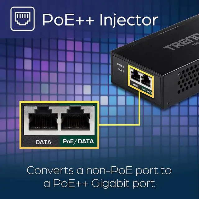 Alt view image 3 of 14 - TRENDnet Gigabit PoE++ Injector, Convert A Non-PoE Port To A PoE++ Gigabit Port, PoE (15.4W), PoE+ (30W), Or PoE++ (95W), Up to 100m (328 ft), Integrated Power Supply, Black, TPE-119GI